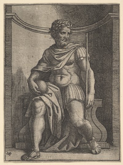 Bir nişte oturan ve elinde bir küre ve asa tutan bir Roma imparatoru..., ca. 1500-1534. by Marcantonio Raimondi