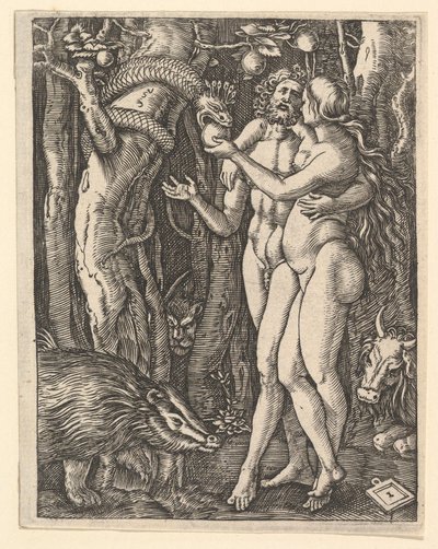 Elma ve yılan ile Adem ve Havva, yaklaşık. 1500-1534. by Marcantonio Raimondi