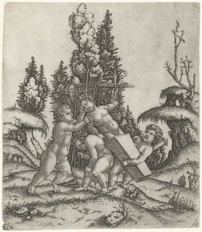 Amor ve iki putti veya çocuk, bir kaide üzerinde kanatlı bir çapa ile bir putti heykeli taşır. by Marcantonio Raimondi