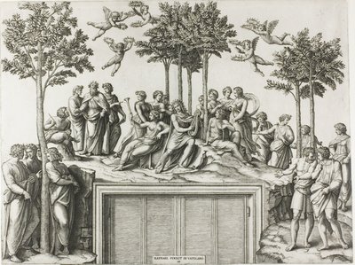 İlham Perileri ve Şairler ile çevrili Parnassus'taki Apollo by Marcantonio Raimondi