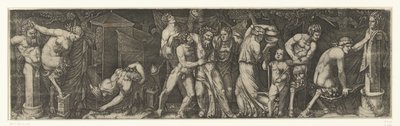 Sarhoş bir Bacchus ile Bacchanal ve Satyrs ve Maenads by Marcantonio Raimondi