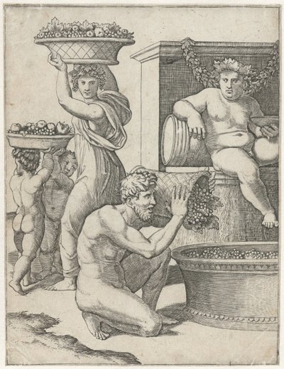Bacchus, bir erkek ve bir kadın ve iki çocuğun şarap hazırlamak için üzüm sepetleri taşımasını izliyor. by Marcantonio Raimondi