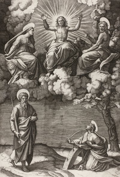Mesih, Bakire ve Vaftizci Yahya, Aziz Paul ve Catherine ile birlikte, 1520-25 by Marcantonio Raimondi