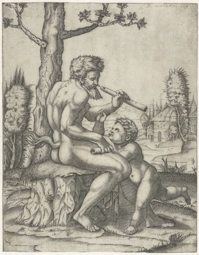 Flütlü Faun çocukla oynuyor by Marcantonio Raimondi