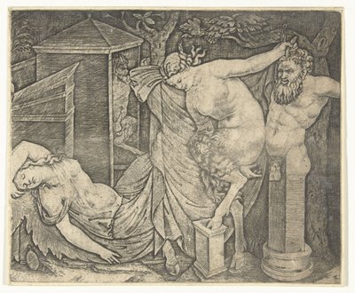 Satyr Kadın ve Herme ve Uyuyan Bacchante ile Bacchanal parçası by Marcantonio Raimondi