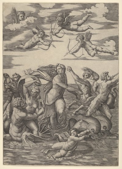 Galatea, iki yunus tarafından çekilen bir su arabasında duruyor, etrafı tritonlarla çevrili, nere..., 1515-16. by Marcantonio Raimondi