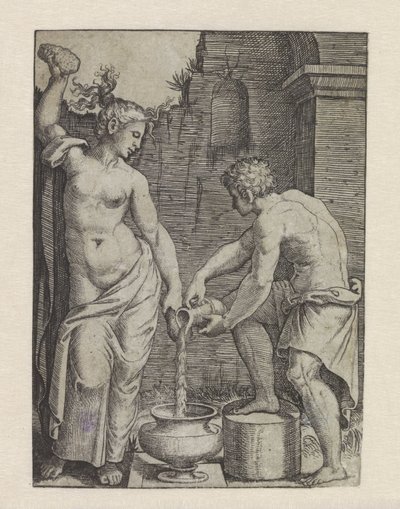 Yarı çıplak bir kadın kendini süngerlerle yıkıyor ve erkek hizmetçi fıçıya su döküyor. İki süngerli kadın by Marcantonio Raimondi