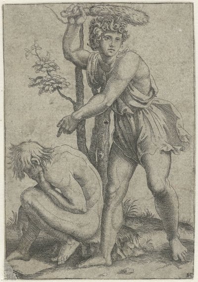 Çömelmiş çıplak adam tilki kuyruklu adam tarafından dövüldü by Marcantonio Raimondi