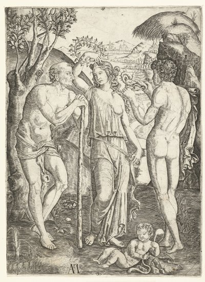Sopaya yaslanmış yaşlı adam ile ejderha ve çocuklu genç adam arasında duran yaprak çelengi olan genç bir kadın. by Marcantonio Raimondi