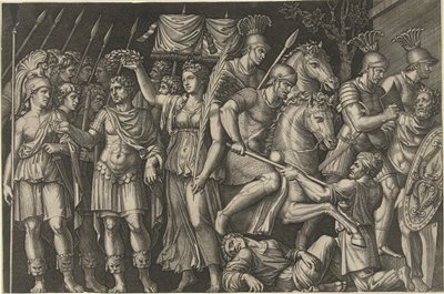 Victoria tarafından taçlandırılmış İmparator Trajan, Daçyalılarla savaşta Roma ve Romalıların kadın kişileşmesinin yanında duruyor by Marcantonio Raimondi