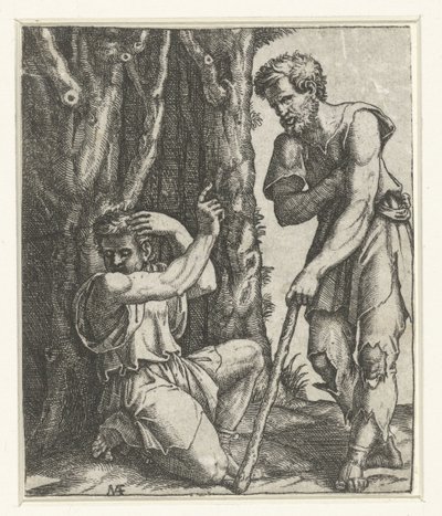 Adam diz çöküp orman kenarında dilenciden uzaklaşıyor. by Marcantonio Raimondi