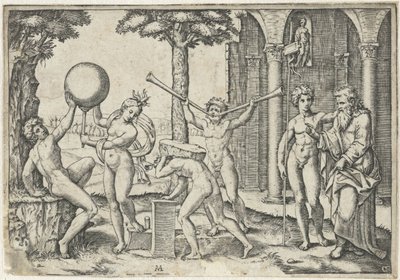 İki trompetli adam ve sırtında taş olan adam, küre ve yaşlı ve genç adamla erkek ve kadın tarafından çevrili by Marcantonio Raimondi
