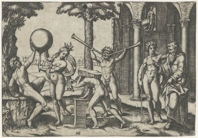 İki trompetli adam ve sırtında taş olan adam, küre ve yaşlı ve genç adamla erkek ve kadın tarafından çevrili by Marcantonio Raimondi