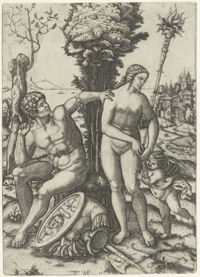 Amor ile sevgi dolu bir çift olarak Mars ve Venüs by Marcantonio Raimondi