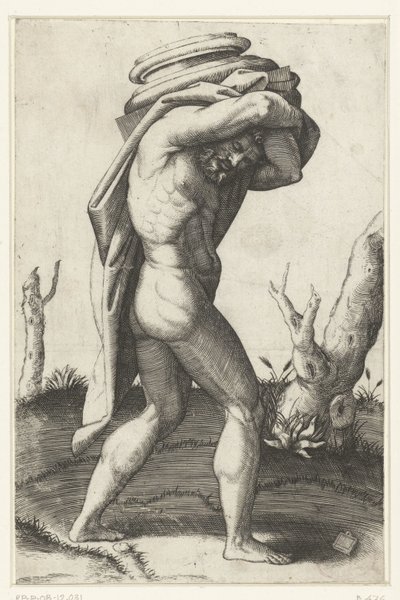 Çıplak adam sırtında sütun tabanı taşır by Marcantonio Raimondi
