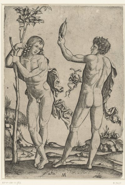 Çıplak adam ağaca yaslanmış ve aynalı ve iki yılanlı çıplak adam by Marcantonio Raimondi
