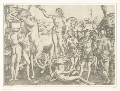 Meşaleli çıplak adam kaide üzerinde duruyor, etrafı atlı ve vazolu çıplak adamlar ve erdemlerle çevrili askerler Prudence ve Love by Marcantonio Raimondi