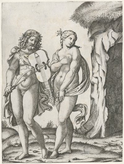 Eurydice yeraltı dünyasına gitmeden önce Orpheus viyola çalıyor by Marcantonio Raimondi