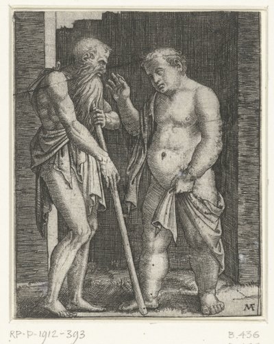 Yaşlı adam sopaya yaslanmış ve genç şişman adamı işaret ediyor. by Marcantonio Raimondi
