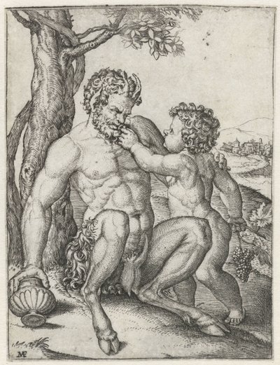 Üzümlü bir çocuk olarak bardak ve Bacchus ile tava by Marcantonio Raimondi