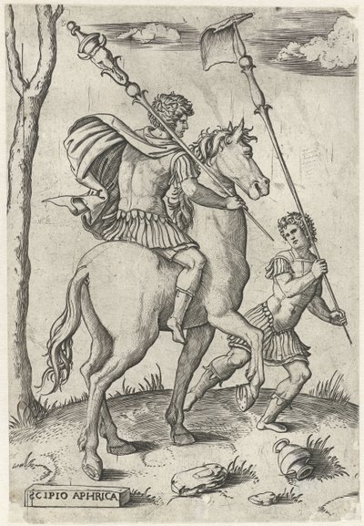 At sırtında Romalı generaller Scipio Africanus Maior ve Scipio Africanus Minor At sırtında Romalı kahramanlar (dizi başlığı) by Marcantonio Raimondi