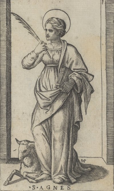 Aziz Agnes, sağ elinde bir avuç tutan ayakta, sol altta bir koyun, ..., ca. 1500-1527. by Marcantonio Raimondi