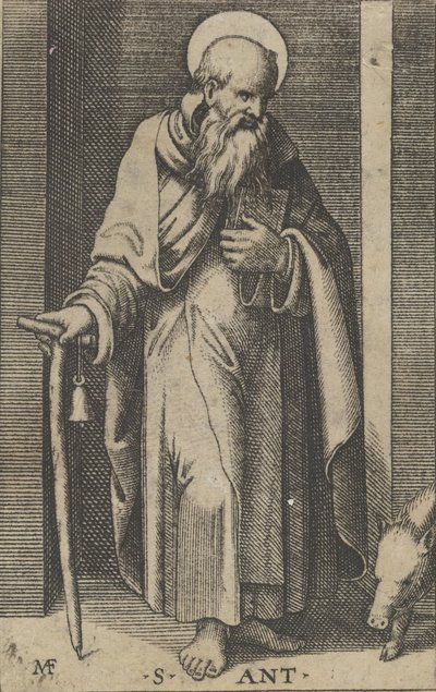 Saint Anthony, sağ elinde bir asa, 