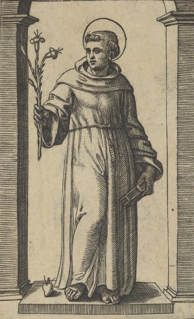 Saint Anthony of Padua ayakta, sağ elinde zambaklar, elinde bir kitap ..., yaklaşık. 1500-1527. by Marcantonio Raimondi