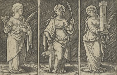 Saint Barbara solda, Saint Catherine, ortada, Saint Lucy sağda, yakl. 1500-1527., ca. 1500-1527. by Marcantonio Raimondi