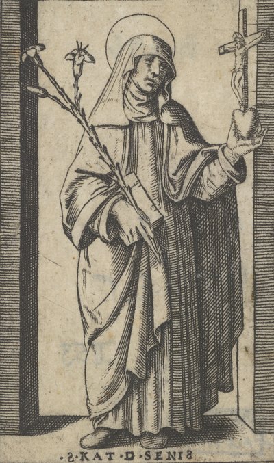 Sienalı Aziz Catherine sağ elinde çiçekler ve kitapla ayakta duruyor, a h..., yakl. 1500-1527. by Marcantonio Raimondi