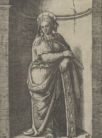 Aziz Catherine bir niş içinde duruyor, bir tekerleğin üzerinde duruyor, işkence aleti..., yakl. 1500-1527. by Marcantonio Raimondi