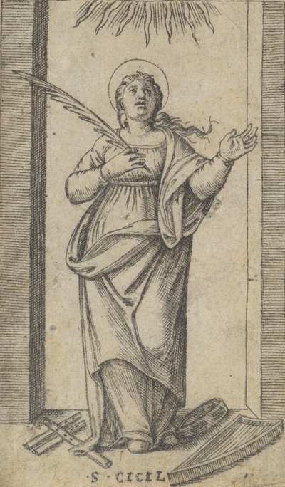 Aziz Cecilia, denizden sağ elinde bir şehitlik avucunu tutan ayakta..., ca. 1500-1527. by Marcantonio Raimondi