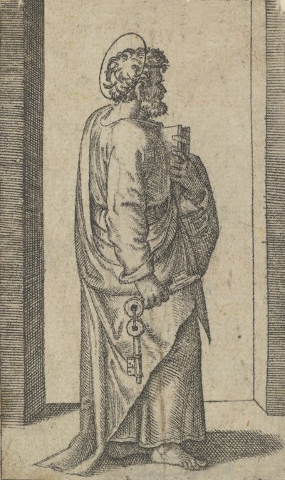 Aziz Peter, anahtarlar sağ elinde, kitap solda, sağa dönük, 'Resim..., yakl. 1500-1527. by Marcantonio Raimondi