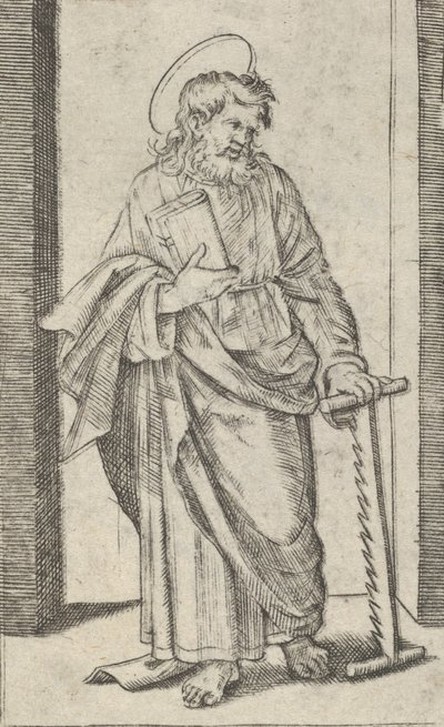 Saint Simon, alçaltılmış sol elinde bir testere, 