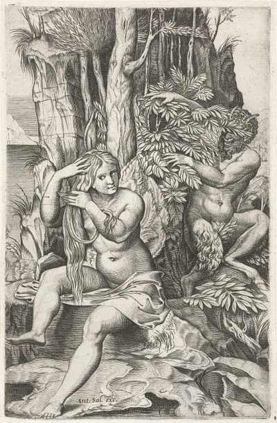 Satyr tuvaletinde bir periyi gözetliyor Pan ve Sirinks by Marcantonio Raimondi