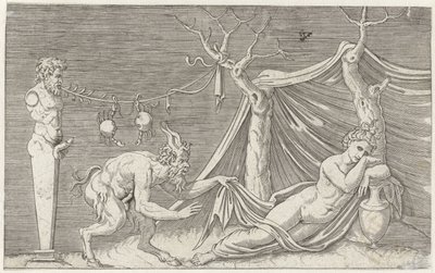Satyr uyuyan bir periyi takip ediyor Antik kabartmalardan sonra mitolojik temsiller (dizi başlığı) by Marcantonio Raimondi