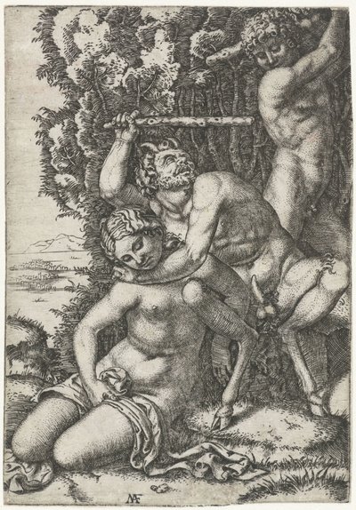 Satyr ve genç adam perisi için kavga ediyor by Marcantonio Raimondi