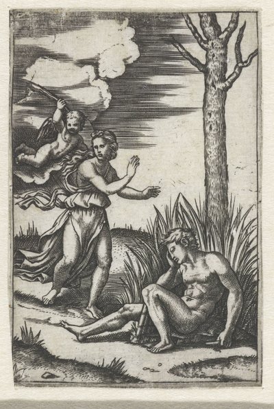 Uyuyan adam ve Amor tarafından kovalanan perisi by Marcantonio Raimondi