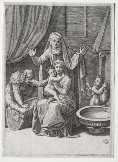 Aziz Elisabeth ve Aziz Anne ile Bakire ve Beşik by Marcantonio Raimondi