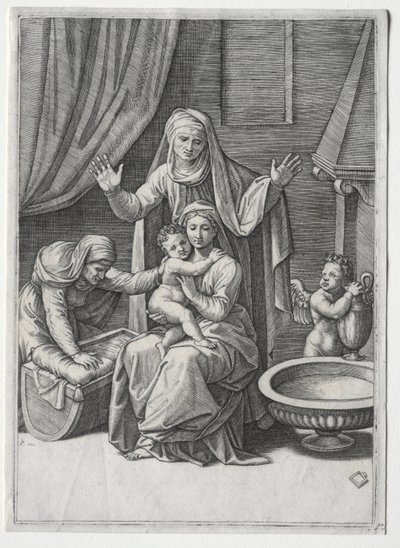 Aziz Elisabeth ve Aziz Anne ile Bakire ve Beşik, 1520. by Marcantonio Raimondi