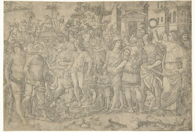 Askerler ve ele geçirilen zırhlarla Roma imparatorunun zafer alayı by Marcantonio Raimondi