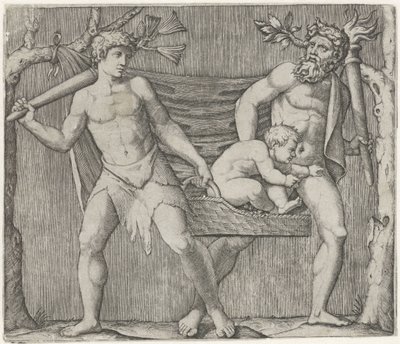 İki faun bir çocuğu sepet içinde taşır. by Marcantonio Raimondi