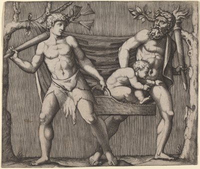 Bir Çocuk Taşıyan İki Faun by Marcantonio Raimondi
