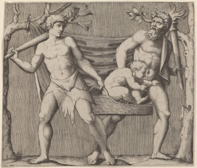 Bir Çocuk Taşıyan İki Faun by Marcantonio Raimondi