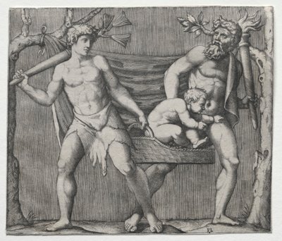 Sepette Çocuk Taşıyan İki Faun, c. 1513-1515. by Marcantonio Raimondi
