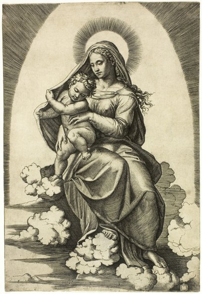 Bulutların Üzerinde Oturan Bakire ve Çocuk by Marcantonio Raimondi