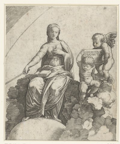 Felsefenin kişileşmesi olarak kitap ve asalı kadın bulutların üzerinde oturuyor ve ayakları kürenin üzerinde duruyor ve yanında iki putti var. by Marcantonio Raimondi