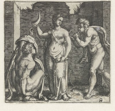Hilalli bir kadın, yanlarında boynuz üfleyen faun ve çömelmiş bir adam. by Marcantonio Raimondi