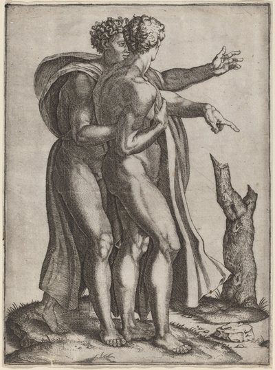 iki çıplak erkek by Marcantonio Raimondi after Michelangelo