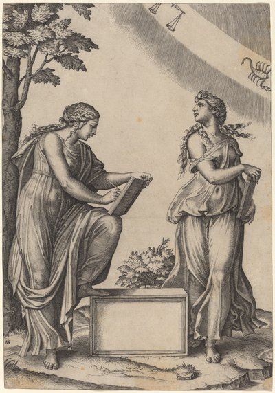 Zodyak ile iki kadın by Marcantonio Raimondi after Raphael